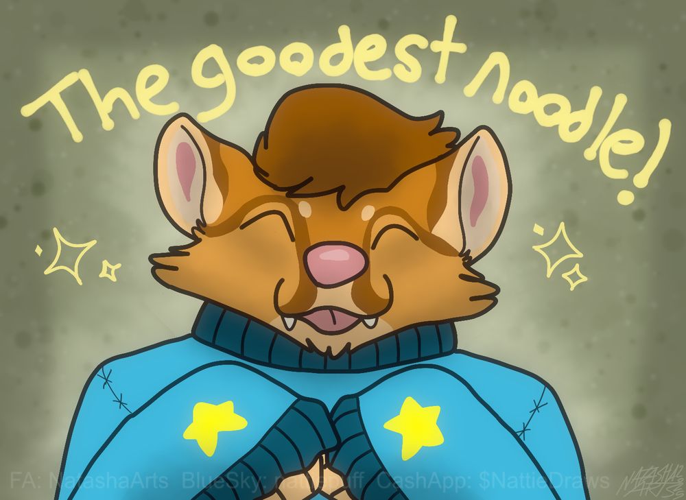 Drawing of a coyote in a jumper in front of a green background with text reading "The Goodest Noodle" above it