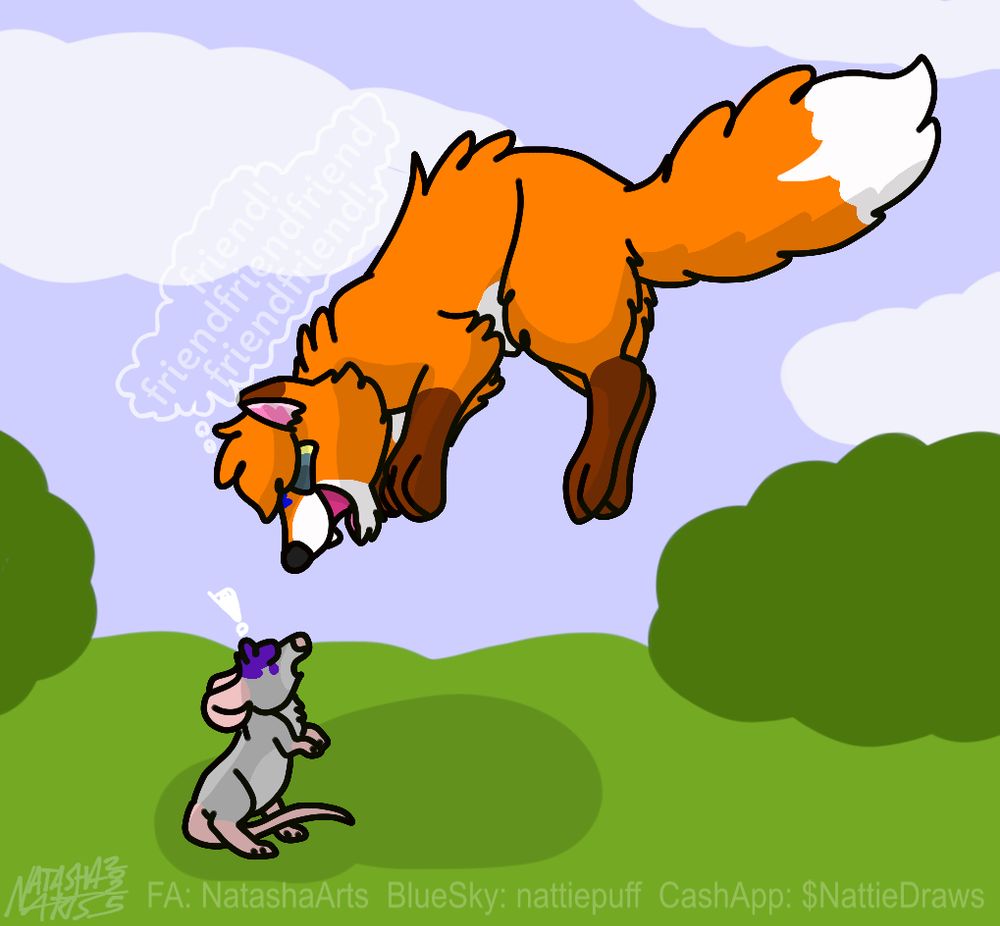 drawing of a mouse looking up to see a fox above em pouncing at them. The fox merely wishes to hug and snuggle the mouse... but the mouse has her worries due to how her instincts think this looks x3