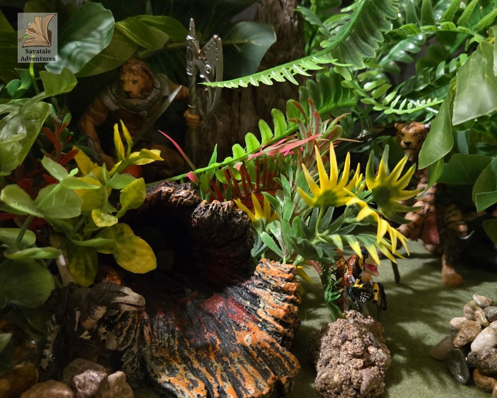 Photo of a toy humanoid lion and humanoid tiger with three small raptors. They are sneaking through a jungle environment around a fallen log. 