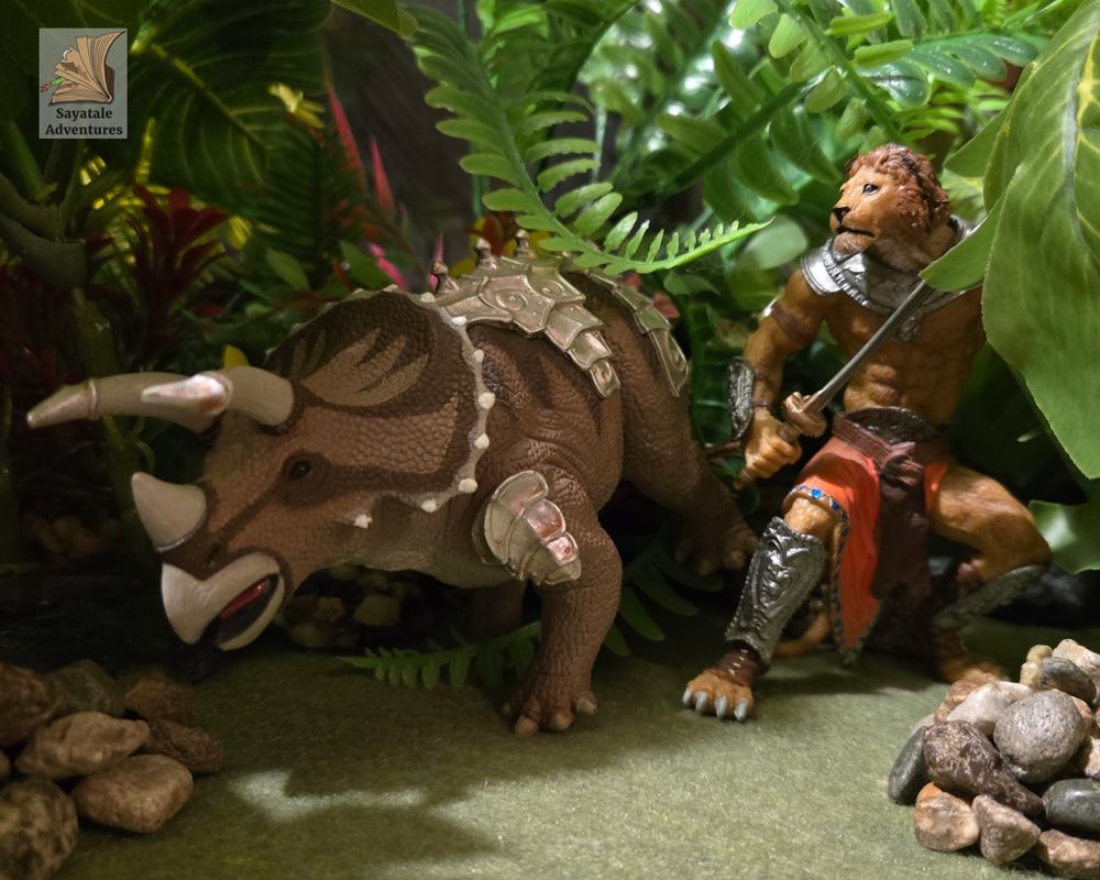Photo of a toy humanoid lion with an armored triceratops. They are shown walking through jungle plants. They are facing to the left side of the scene. 