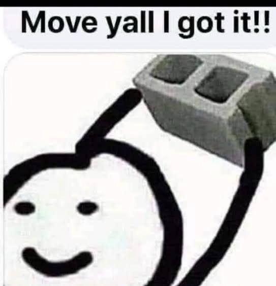 Person with cinderblock saying “move yall I got it!!”