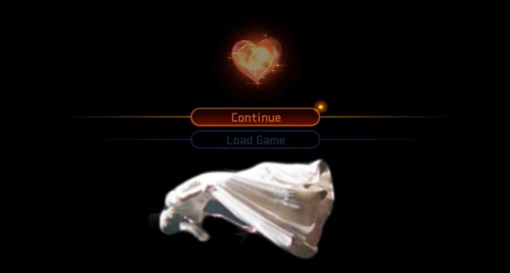 Ariana Grande in white dress floating edited onto the Kingdom Hearts 1 game over screen 