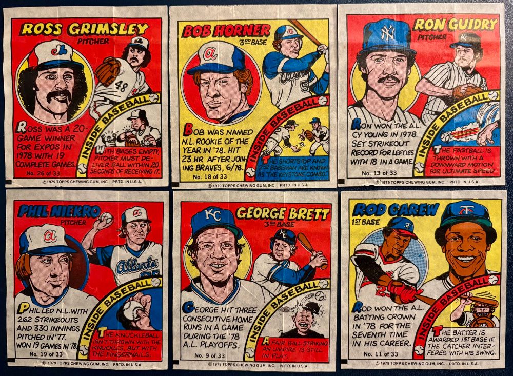 Ross Grimsley, Bob Horner, Yankee Guidry, Phil Niekro, Brett, Carew; all are 1979 Topps wrappers