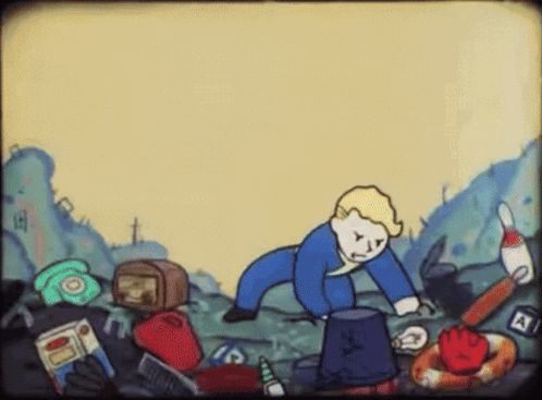 a cartoon of vault boy is surrounded by a pile of junk