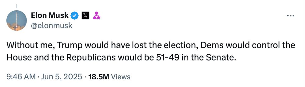 A Tweet  from Elon Musk that says "Without me, Trump would have lost the election, Dems would control the House and the Republicans would be 51-49 in the Senate."
