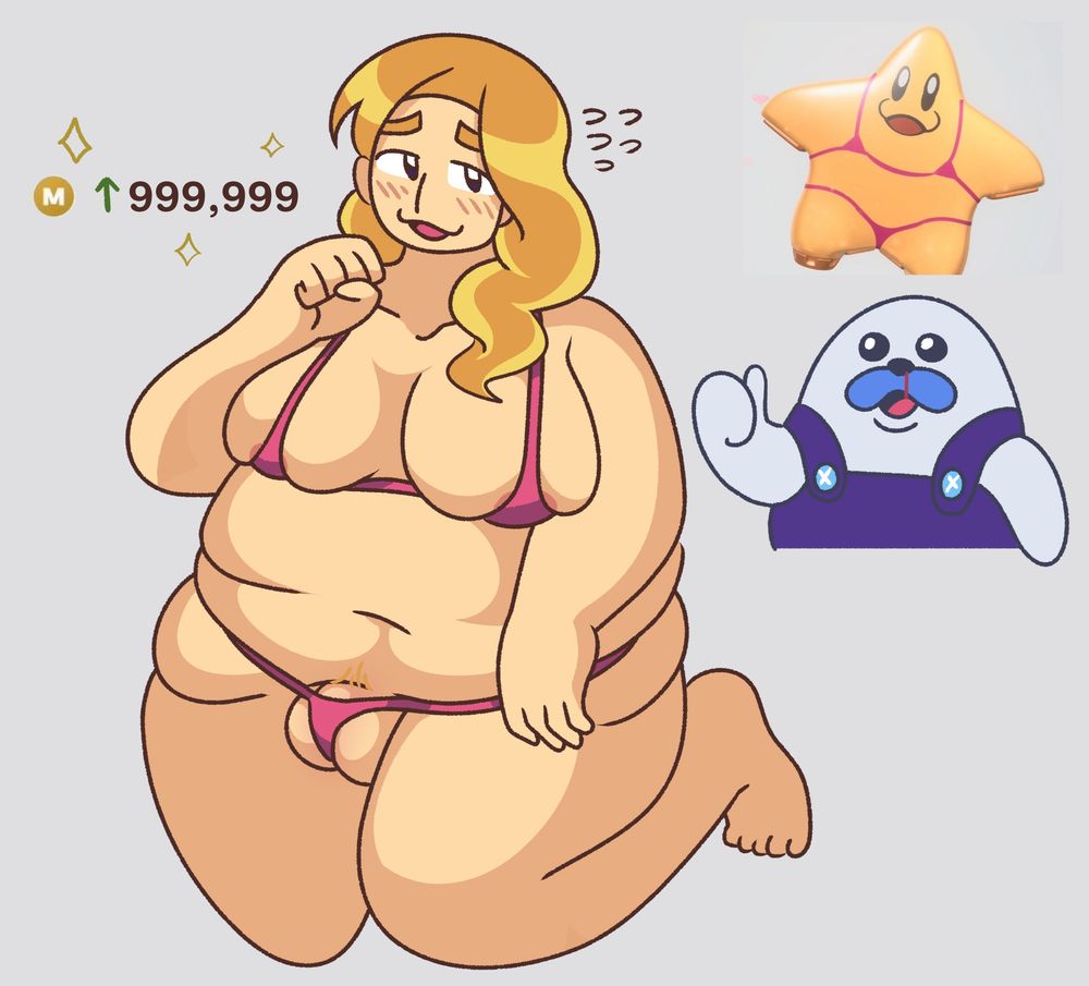 My Chef Kawasaki gijinka in a microbikini. She has a shy expression and her long blonde hair is down. She has a fat figure, the bikini barely fitting her and going under her body folds. Her balls are also visible, peeking outside of her thong. There is text showing her price going up to over 999,999 Miles. The reference image is of a Chef Kawasaki Warp Star machine. Mr. Frosty is giving a thumbs up with a bleeding nose