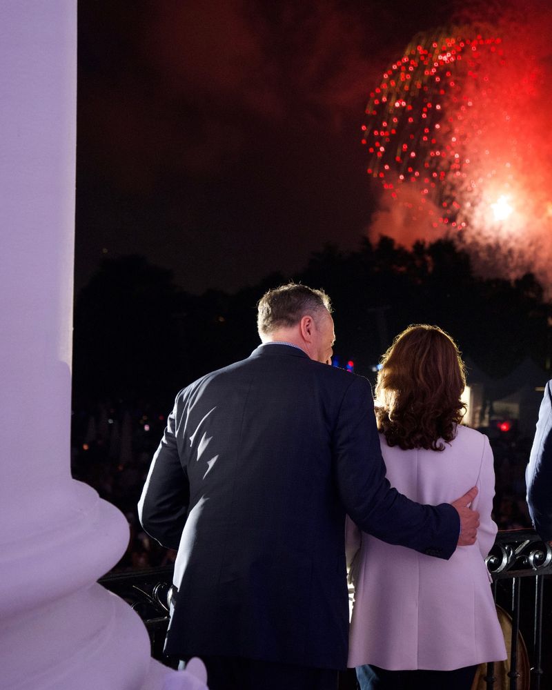 Vice President Harris and Douglas Emhoff watch fireworks at the White House on July 4, 2024.