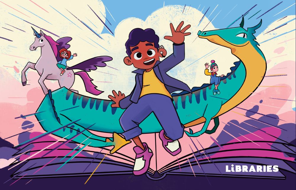 Illustration for sheffield children's library card. Here 3 children are bursting from the book theyve read with all the imagination the stories have inspired. The main character a boy with a hearing aid is leaping out with a happy smile - enjoying the adventure he's about to go on. 
A girl in a bobble hat rides a mighty green dragon that swoops from the pages.
Lastly ontop of her trusty pink and purple flying unicorn another red head girl waves on her way to the lands she has dreamed from reading books from the library