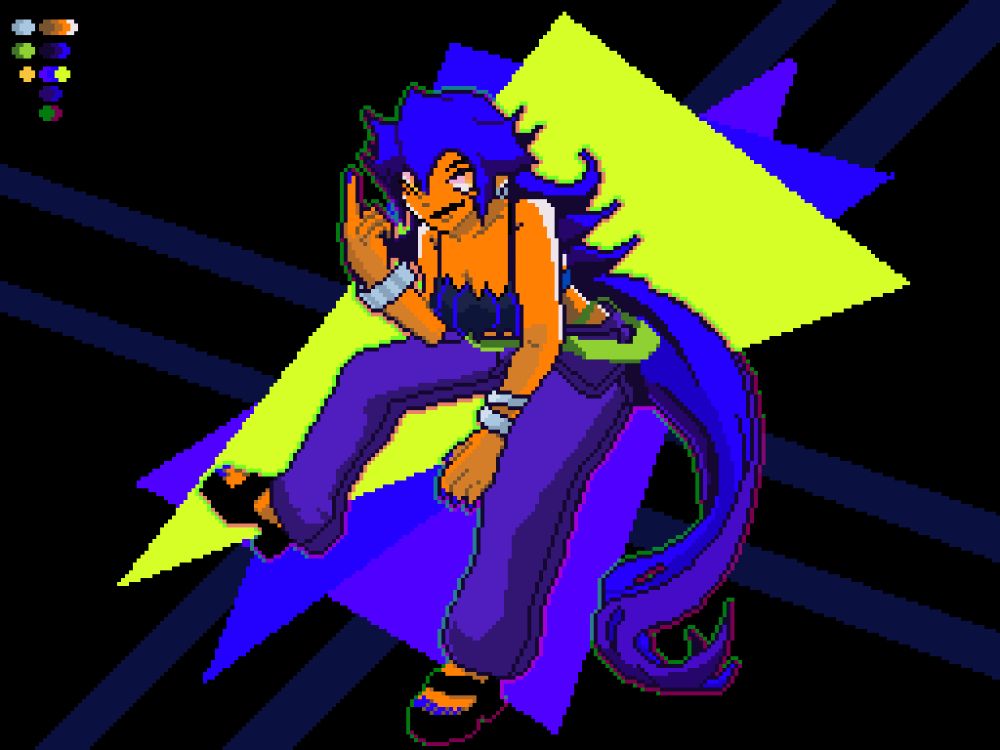 Character posing sitting, doing a gesture with their hands and a smug expression; triangle background and bright colors with darker crossing lines and palette used on the top left corner.