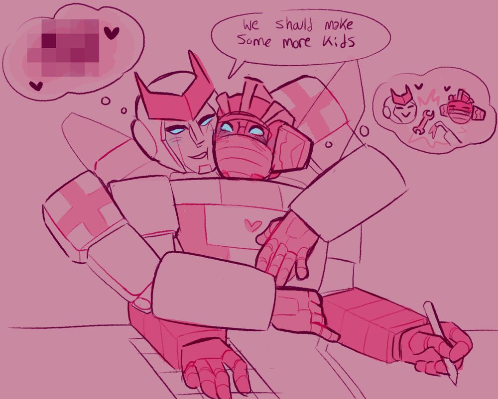 G1 Ratchet embraces Wheeljack from behind and says "We should make some more kids" (in reference to previously making the first 3 dinobots)
Ratchet has a thought bubble with hearts thats censored, Wheeljack has a thought bubble with chibi versions of him and ratchet with tools to build more bots