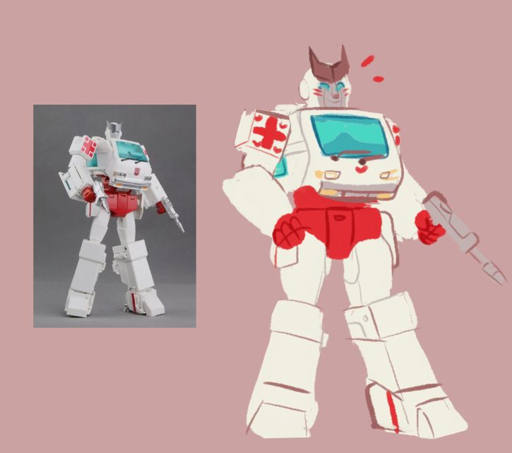 simple lineless fanart of a plump G1 Transformers Ratchet figurine