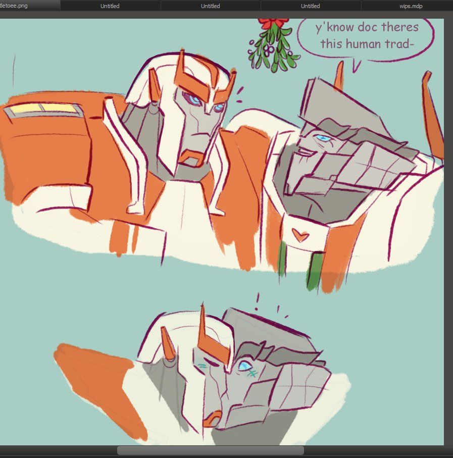 Bust shot TFP Ratchet and Wheeljack caught under the mistletoe. First panel Ratchet is looking up at the mistletoe as Wheeljack smirks and starts to say "Y'Know doc there's this human tradition-". Second panel Ratchet has cut Wheeljack off with a kiss much to his surprise