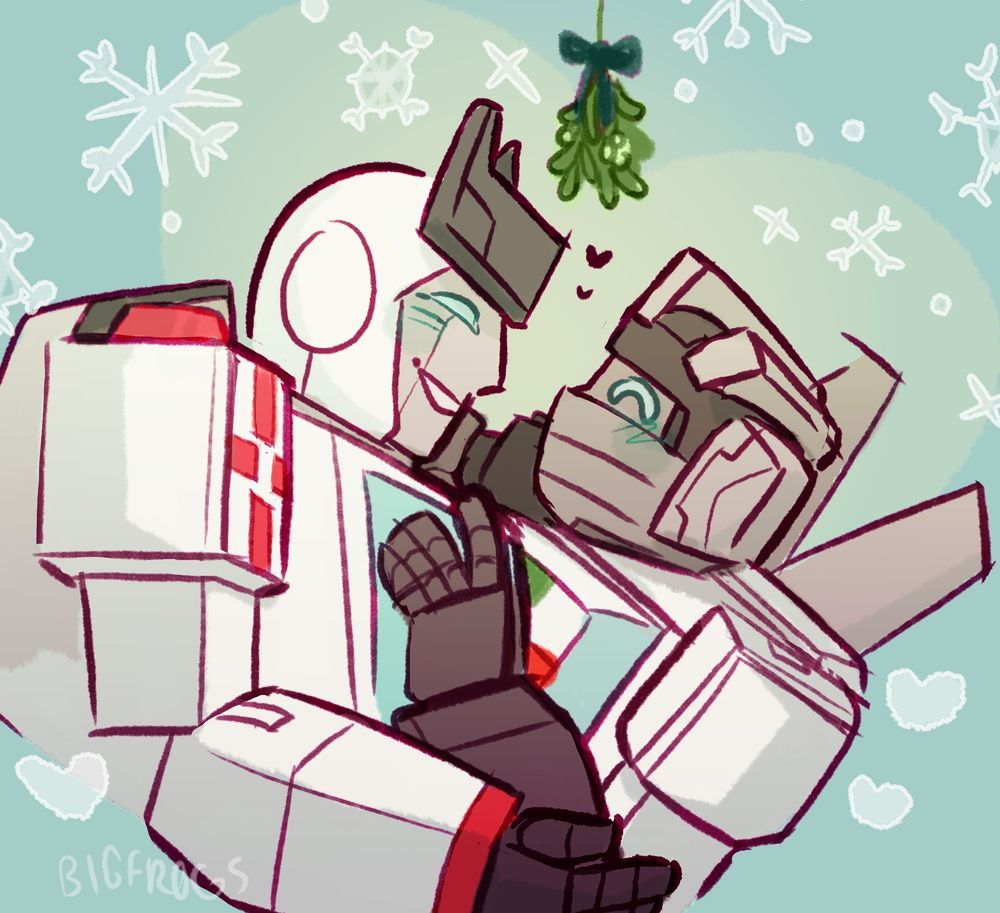 (TF Go!Go! Designs) Waist up shot of Ratchet and Wheeljack holding each other and smiling under the mistletoe.