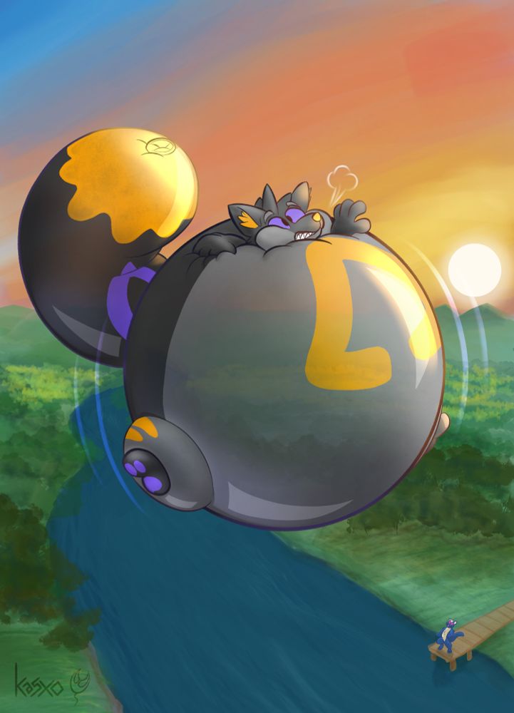 kasxo, blimped, drifting along over a serene river near the forest at sunset. he looks like he's expanding quite a bit, and struggling to not sink into his orbed smooth balloon body. down by the river, an onlooker watches with excitement. who is it?