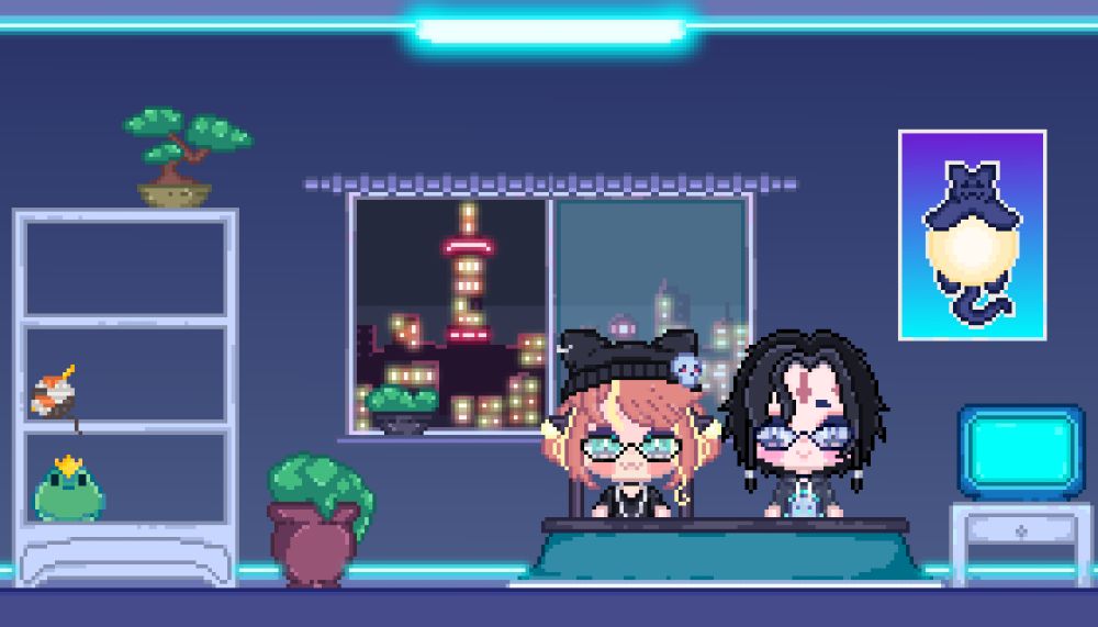 This is a pixel art WIP of my stream Layout featuring my virtual room which is an apartment lit by bright neons and has a few things around such as a table a tv some posters and a window that has a view on the city. at the table are seated myself and reykuna my partner dressed in goth fits.