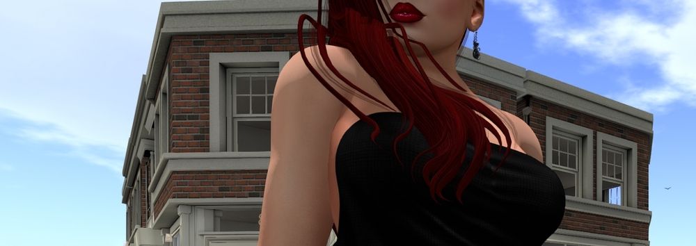 Woman standing in front of a building, showing only from just above her mouth to just below her breasts. Woman wearing a black, low cut dress.