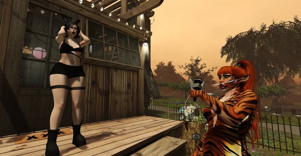 A furry is singing a serenade to her friend, a Bunny Girl whose hands cover her ears so not to hear the cat's bad singing, with a look of horror on the bunny girl's face. 