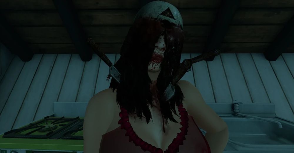 A woman depicted with 3 kitchen knives in her shoulders and chest,and a meat looking hair covering all but her nose, mouth and chin. She looks like she has had enough as she struggles to cope without her morning coffee.