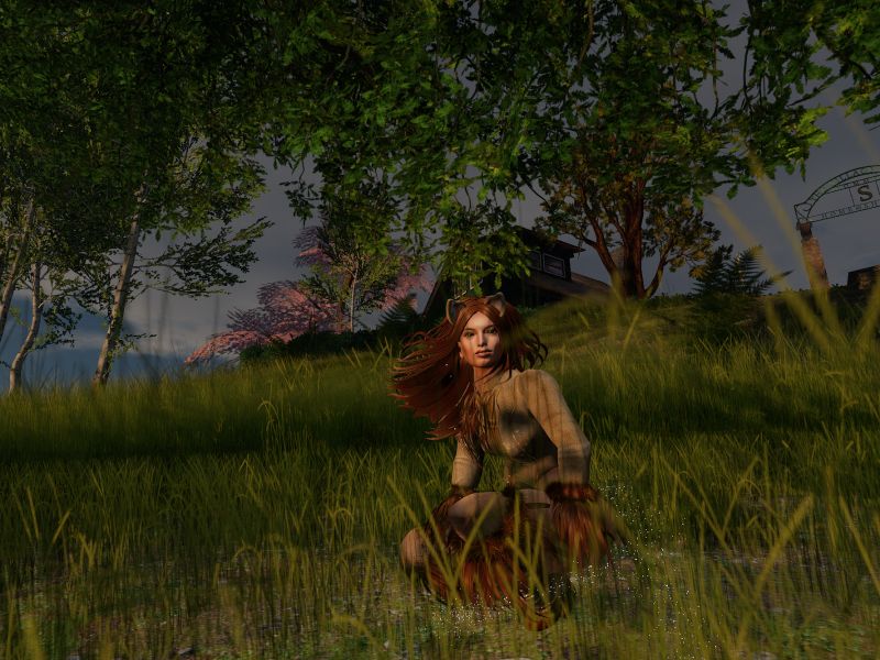 Woman dressed in lioness cosplay, crouched in tall grass.