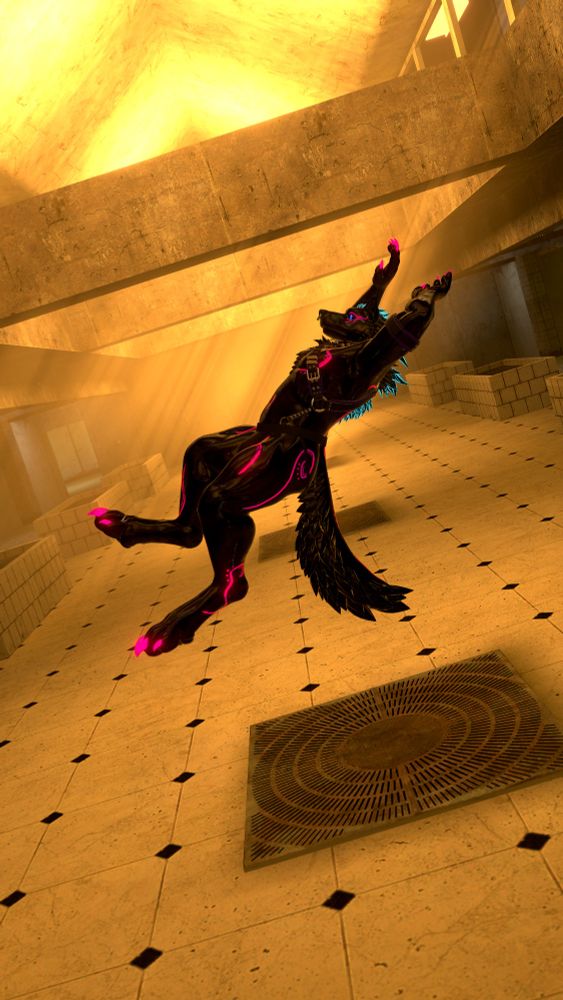 Sköll as a wolf is floating in the middle of a room. Golden god rays beam down.