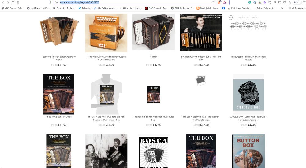 Page of the uehdspecial web shop with accordion stuff.  Pictures include several thousand+ dollar accordions, what appears to be a one page button to note map, a tutorial, a photo of that tutorial book on a shirt, and a smaller photo of that book, etc.  EVERYTHING is marked normal price $92, on sale for $37.
