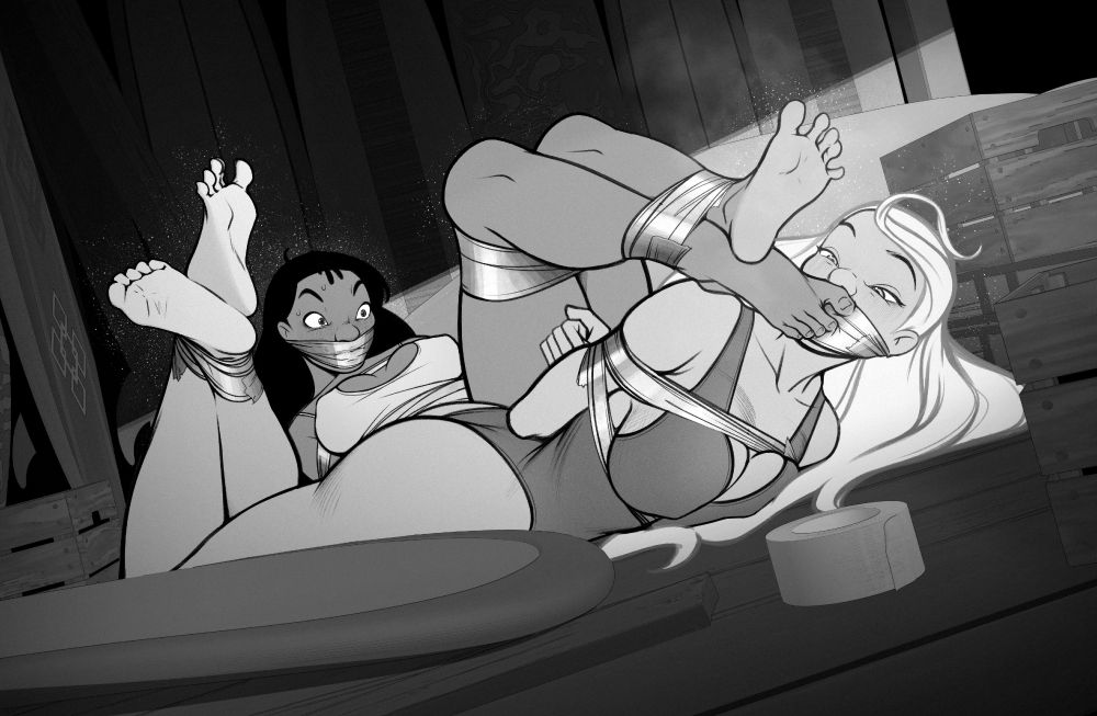 Nani and the sexy lifeguard from Lilo & Stitch are tied up and gagged. Nani tries to take off the lifeguard's gag with her bare feet.