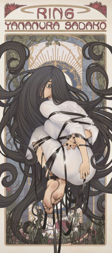 Illustration of Sadako Yamamura from Ring series, tied up with video tape.