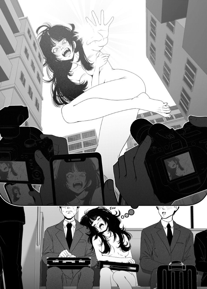 Black and white drawing of a girl who is forbidden to wear clothes, dreaming that she becames a giant.