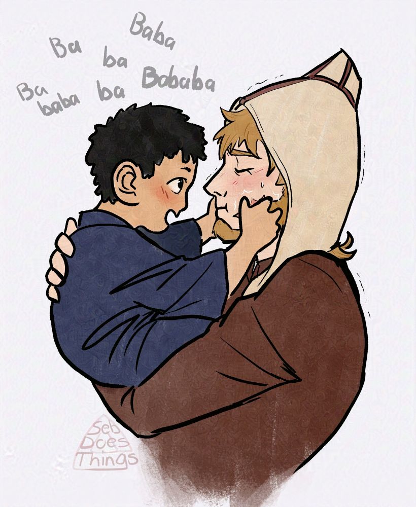 A flat coloured image of Vasily and OP's golden Kamuy OC Keiji drawn in side profile. Keiji is a toddler, and Vasily is holding him in his arms. Vasily has a somewhat strained expression as Keiji slaps his cheeks with his little hands. Above Keiji is floating text spelling out variations of "ba bababa" in garbled babbling.