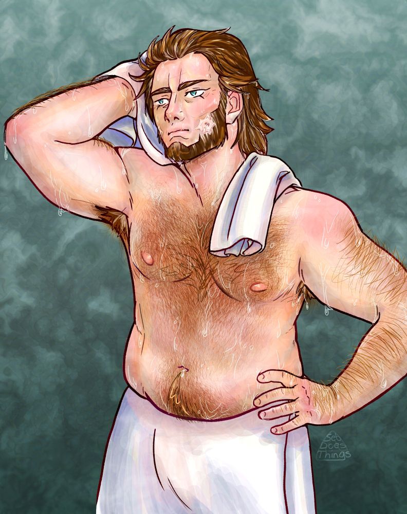 A digital fanart of Vasily from Golden Kamuy, depicted from the thighs upwards, shirtless and with a towel around his waist. He has one hand on his hips and the other is drying his hair with a towel. Vasily has been aged up to look about 50, with body hair and a mild dad bod. The scars on his cheeks are faded now. Droplets of water are running down his body and the background is a desaturated green gradient with swirls of steam.