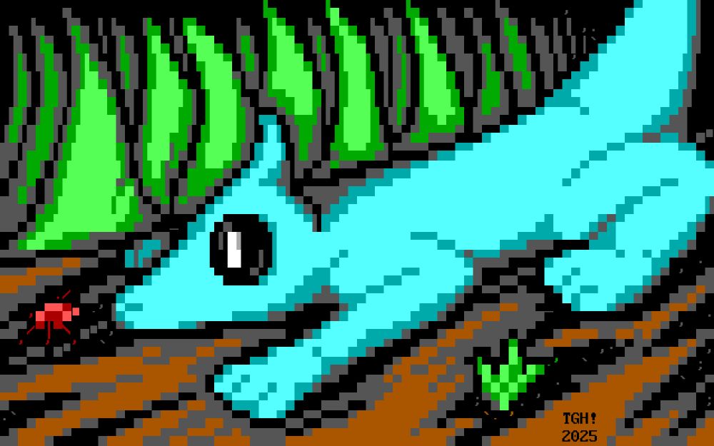 In this piece of low-resolution textmode art, a cyan, cartoon reptilian alien with giant beady eyes sits on a dirt road beside thick blades of glass and carefully studies a tiny red insect of unknown origin. A smaller tuft of grass grows nearby.