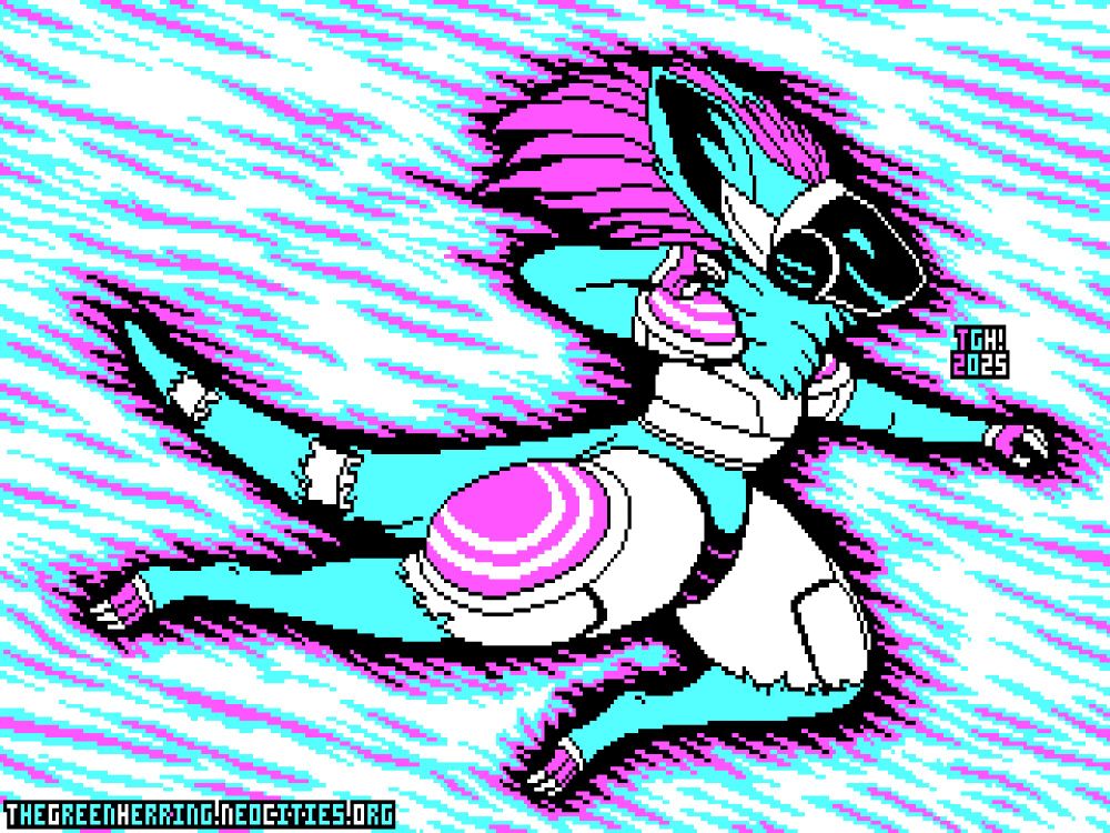In a piece of four-color pixel art with a high-contrast palette, a protogen, a species of cyborg alien, soars through the air with their arm and knee forward and their other arm reared back, preparing to stab something with their sharp claws. The protogen, drawn in flat colors, has the appearance of a furred reptile with a face consisting of a shaped electronic display that shows a simple, smiling and determined facial expression. Their hair is a long stalk that is blown back by their movement, they appear to be wearing angular chest armor with pauldrons bearing ring patterns, their digitigrade legs are metallic with bulbs on the sides and furred forelegs, and their tail has fur missing in patches revealing its metal shell. They are outlined against an abstract background of an aura drawn with many long lines, implying the protogen is descending at high speed toward their target.