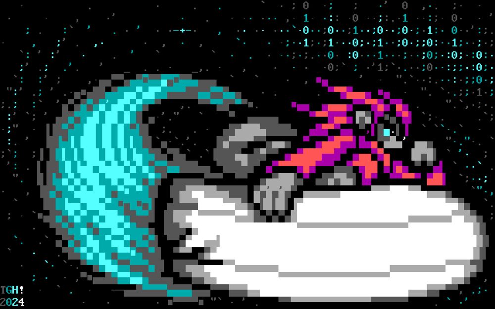 A raccoon woman in a wetsuit flies through space on a surfboard with a bright energy trail, surrounded by stars and auroras with binary floating through the air. She steels herself in a crouching position, holding onto her surfboard, as she soars toward the future.