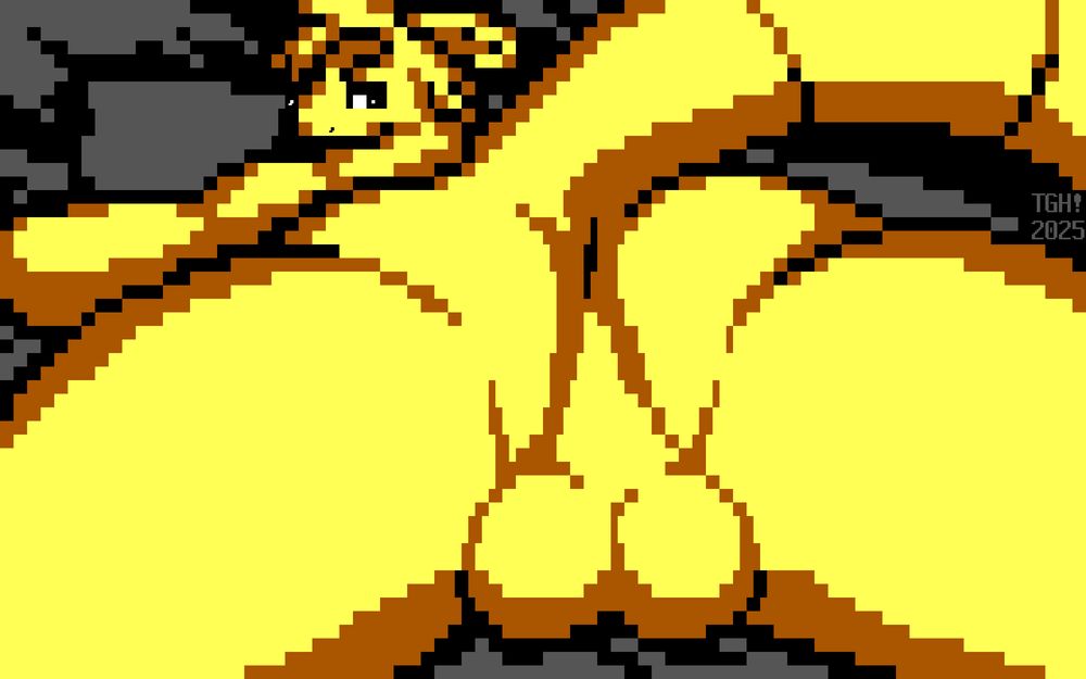 In a low-resolution piece of textmode art with only four shades of color, a yellow, semi-cartoonish and athletic opossum man with spiky hair lays in bed on his belly fully naked, with his legs spread. We are given a close-up of his rump as he looks over his shoulder with a smirk, and lifts his tail to show his anus, taint and heavy balls. At this distance, we can see the curves of his thighs, cheeks and extremities in detail.