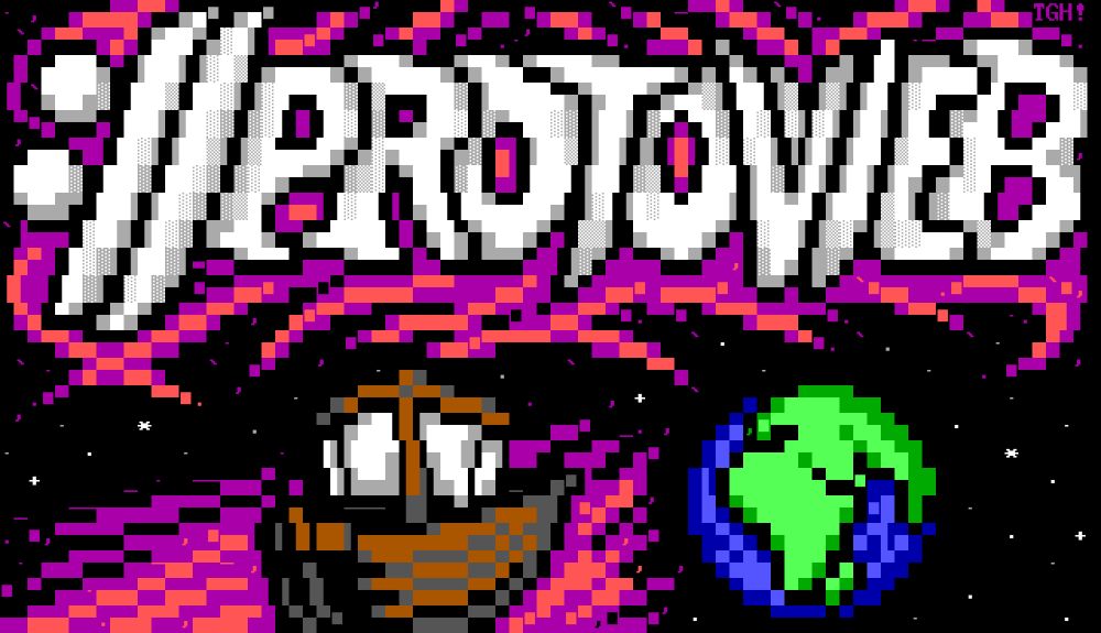 In this piece of 16-color IBM VGA ANSI art, the Protoweb logo, consisting of the name in capital letters preceded by a colon and two forward slashes, is rendered as a bubbly graffiti tag over a splash of dark magenta with red highlights. Beneath this, a ship from the Age of Sail sails through outer space, with waves cresting in the same colors as the logo, towards the planet Earth, with Africa, Europe and Asia in view.