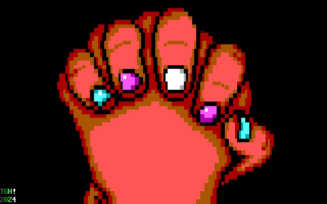 A pair of raised human hands clasping against a black background, seen from behind one hand. The other hand's owner is is wearing nail polish with individual nails colored cyan, magenta, white, magenta and cyan, respectively.