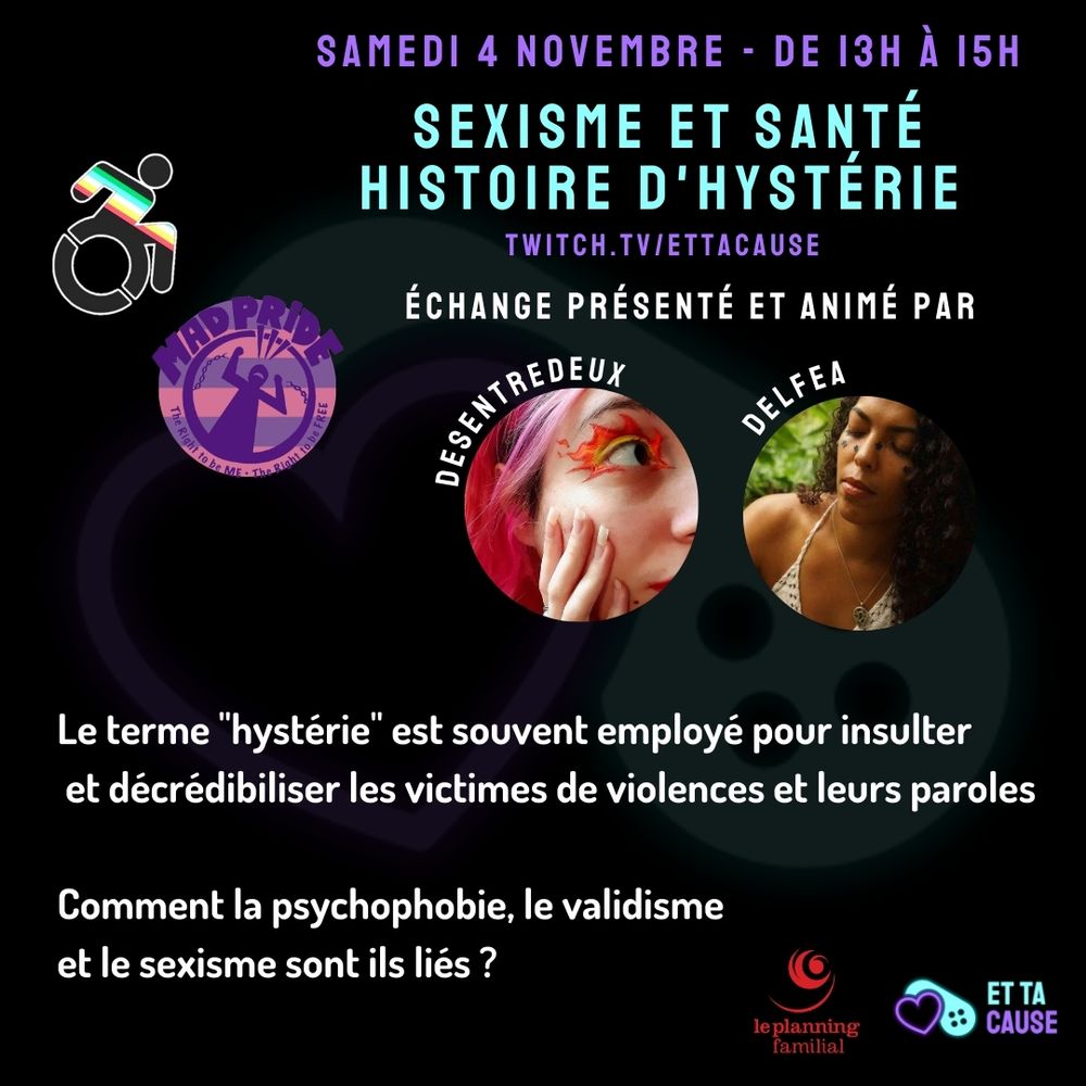 Annonce de Talk pour EtTaCause sur la chaîne principale à 13h jusque 15h avec Delfea pour parler sexisme, santé et histoire de l'hystérie