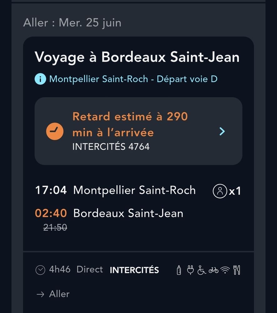 Screenshot de mon appli SNCF indiquant 290 minutes de retard
Départ Montpellier 17h04 et arrivée Bordeaux prévue à 21h50 reportée à 2h40