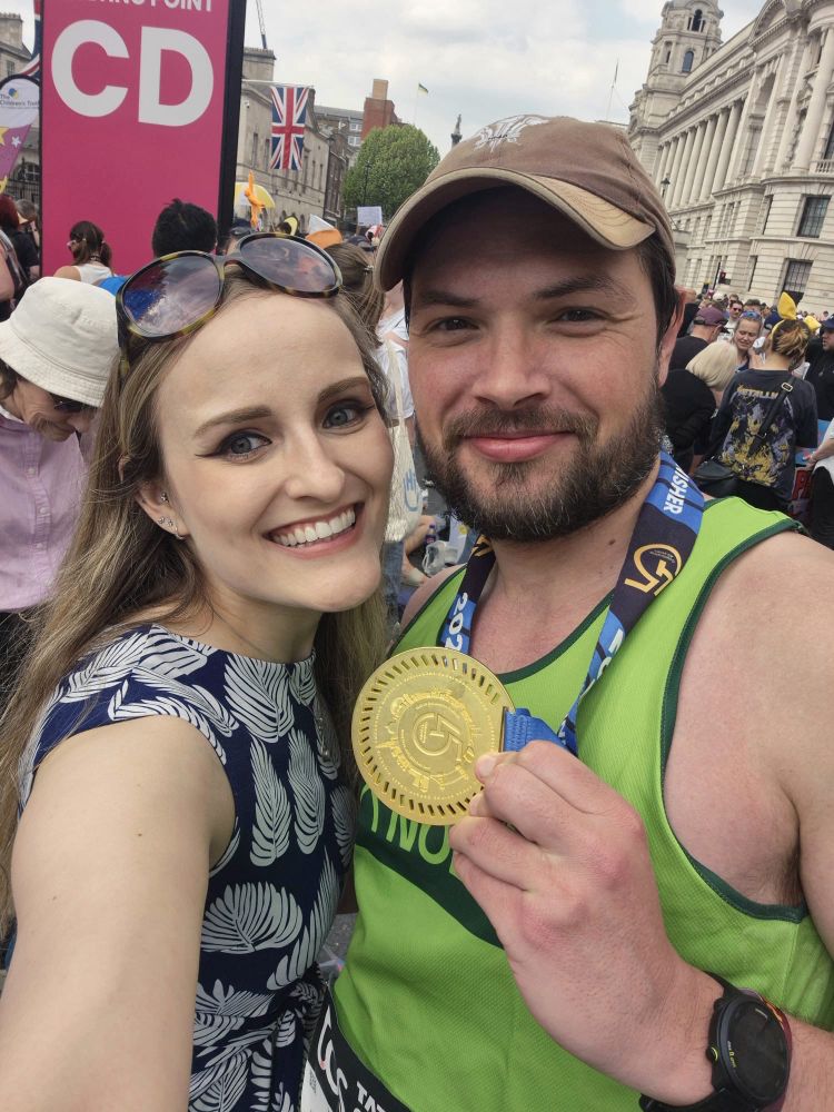 Chris and Sian in Whitehall, after the finish, with Chris’s marathon medal