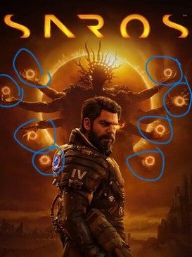 Saros cover art with the energy orbs that resemble cancerous lesions circled in blue