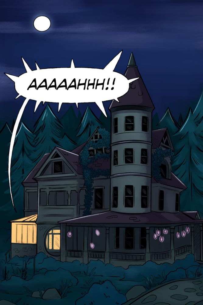 A comic panel from The Witch Wolf of a large Queen Anne house with a tall tower. A light is on in the conservatory. A voice screams in the house.