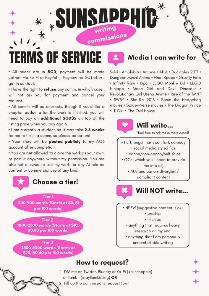 SUNSAPPHIC WRITING COMMISSIONS

-

TERMS OF SERVICE
• All prices are in SGD, payment will be made upfront via Ko-Fi or PayPal (+ Paynow for SG) after I get in contact.

• I have the right to refuse any comm, in which case I will not ask you for payment and cancel your request.

• All comms will be oneshots, though if you'd like a chapter added after the work is finished, you will need to pay an additional SGD$5 on top of the listing price when you pay again.

• I am currently a student, so it may take 2-8 weeks for me to finish a comm, so please be patient! 

• Your story will be posted publicly to my AO3 account after completion.

• You are not allowed to claim the work as your own, or post it anywhere without my permission. You are also not allowed to use my work for any AI related content or commercial use of any kind.

-

CHOOSE A TIER!
• Tier 1 | 300-900 words (Starts at $3, $1 per 100 words)

• Tier 2 | 1000-2500 words (Starts at $10, $0.80 per 100 words)

• Tier 3 | 2500-5000 words (Starts at $20, $0.60 per 100 words)

-

MEDIA I CAN WRITE FOR
9-1-1 • Amphibia • Arcane • ATLA • Ducktales 2017 • Dungeon Meshi Anime • Final Space • Gravity Falls • Infinity Train • Kipo • LEGO Monkie Kid • LEGO Ninjago • Moon Girl and Devil Dinosaur • Revolutionary Girl Utena Anime • Rise of the TMNT • RWBY • She-Ra 2018 • Sonic the Hedgehog movies • Spider-Verse movies • The Dragon Prince • TLOK • The Owl House

-

WILL WRITE...
*feel free to ask me in more detai!
 • fluff, angst, hurt/comfort, comedy

• social media styled fics

• canon/non-canon/self ships

• OCs (which you’ll need to provide me info of)

• AUs and canon-divergent/compliant content

-

WILL NOT WRITE...
• NSFW (suggestive content is ok)

• proship

• irl ships

• anything that requires heavy research on my end

• anything that I am personally uncomfortable writing

-

HOW TO REQUEST?
1. DM me on Twitter, Bluesky or Ko-Fi (@sunsapphic) or Tumblr (@rayllumkissing) OR
2. Fill up the commissions request form