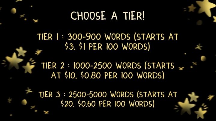 Choose a tier!

Tier 1 : 300-900 words (Starts at $3, $1 per 100 words)

Tier 2 : 1000-2500 words (Starts at $10, $0.80 per 100 words)

Tier 3 : 2500-5000 words (Starts at $20, $0.60 per 100 words)