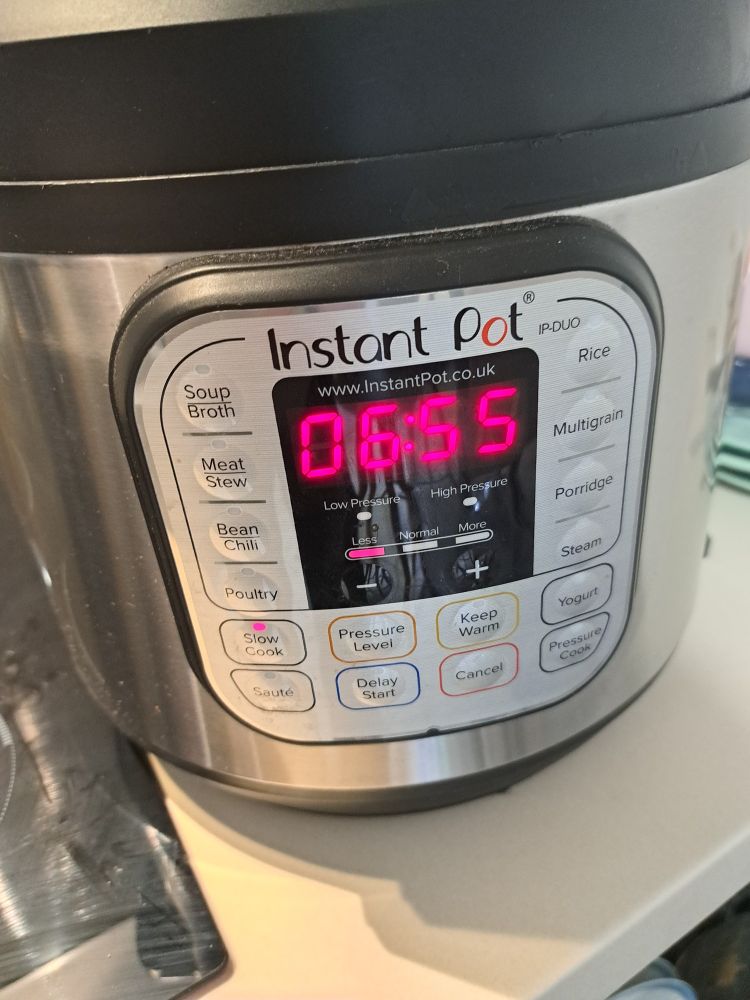 Slow cooker, on slow cook setting, set for 06h55