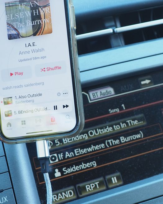 Photograph showing a car dashboard with a phone attached to it. On the phone screen is a playlist by Anne Walsh titled IAE. On the dash screen behind it is more information about the track that's playing.