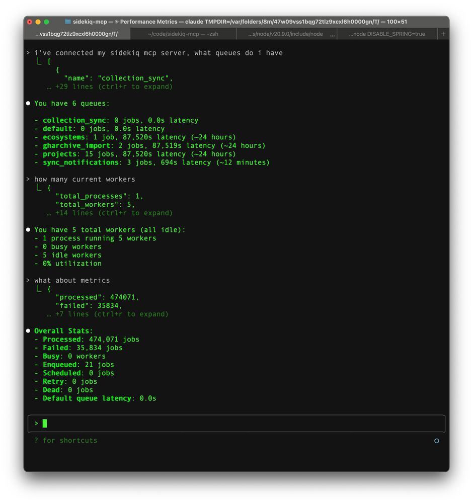 sidekiq-mcp example queries in claude code