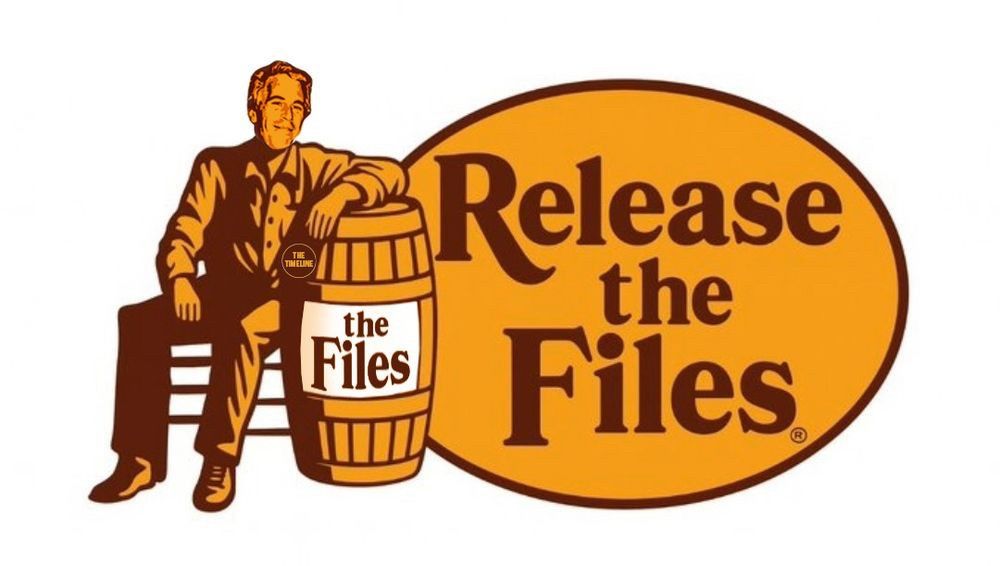 Image mocking Cracker Barrel logo, of a Jeffrey Epstein look-alike leaning on a barrel, with text - Release the Files