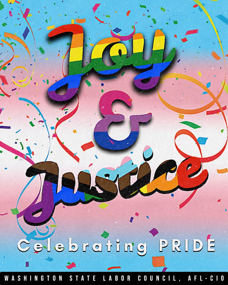Joy and Justice. Celebrating pride. Lettering cut out of various trans and queer flags with confetti in the background 
