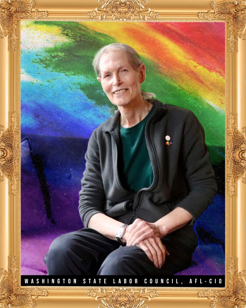 Marsha Botzer framed photo with rainbow background 