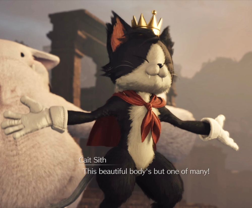 Screencap from FF7 Rebirth. Cait Sith stands in front of his moogle on the bridge to the Temple of the Ancients, his hands held out. The moogle is copying him in the background. Cait says, “This beautiful body’s but one of many!” 
